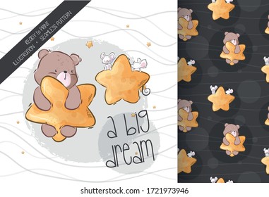 Cartoon cute mouse and baby bear illustration for kids