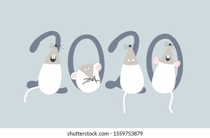 Cartoon cute  mouse card 2020  vector print.