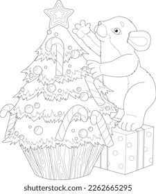 Cartoon cute mouse decorating Christmas tree sketch template. Winter mice vector illustration in black and white for game, background, pattern, decor. Coloring paper, page, childrens story book, print
