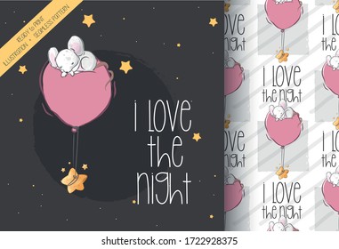 Cartoon cute mouse flying with balloon