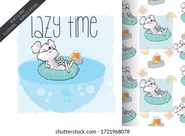 Cartoon cute mouse happy relax time illustration for kids