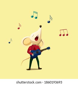 
Cartoon cute mouse musician in a New Year's sweater sings a song, plays the ukulele, guitar. Music, notes around. Vector flat illustration.