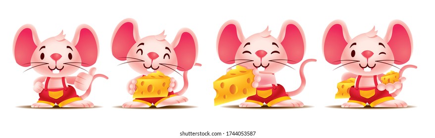 Cartoon cute mouse set with big ears holding large Swiss cheeses and thumb up in different poses - Vector rat character set