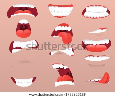 Cartoon cute mouth expression. Funny mouths set with different expressions. Facial gestures set with pouting lips smiling sticking out tongue. Vector illustrator 