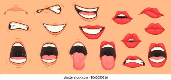 Cartoon cute mouth expressions facial gestures set with pouting lips smiling sticking out tongue isolated vector illustration  