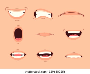 Cartoon cute mouth expressions facial gestures set with pouting lips smiling sticking out tongue isolated vector illustration