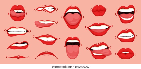 Cartoon cute mouth expressions facial gestures set. Pouting lips smiling sticking out tongue isolated vector illustration. Smiles and lips icons set.