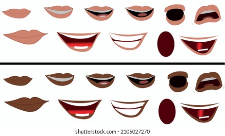 Cartoon cute mouth expressions facial gestures set with pouting lips smiling sticking out tongue isolated vector illustration