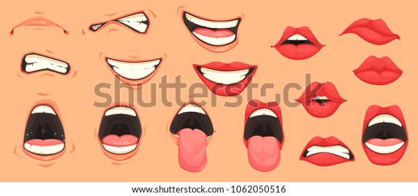 Cartoon cute mouth expressions facial gestures set with\
pouting lips smiling sticking out tongue isolated vector\
illustration  
