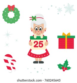 cartoon cute mrs santa with calendar vector cartoon illustration