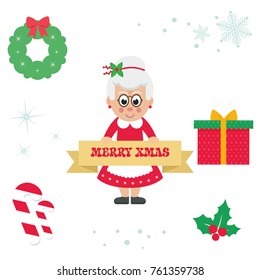 cartoon cute mrs santa with sign vector cartoon illustration