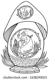 Cartoon cute mushroom illustration. Childish design for kids activity colouring book about mushroom, cats. Vector colorless illustration for book cover. Freehand sketch