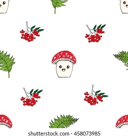 Cartoon Cute Mushroom Seamless Pattern Vector Illustration.