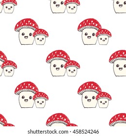 Cartoon Cute Mushroom Seamless Pattern Vector Illustration.