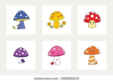 Cartoon Cute Mushrooms Vector Illustration Bundle