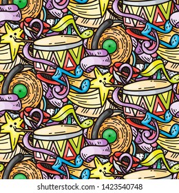 Cartoon cute music doodles. Detailed, with lots of objects background. Endless funny vector illustration