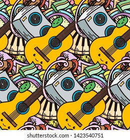 Cartoon cute music doodles. Detailed, with lots of objects background. Endless funny vector illustration