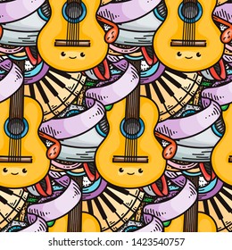 Cartoon cute music doodles. Detailed, with lots of objects background. Endless funny vector illustration