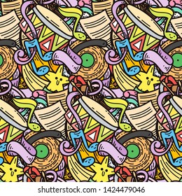 Cartoon cute music doodles. Detailed, with lots of objects background. Endless funny vector illustration
