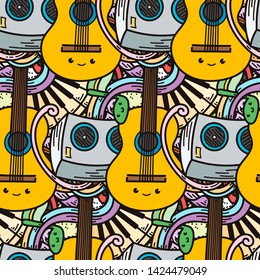 Cartoon cute music doodles. Detailed, with lots of objects background. Endless funny vector illustration