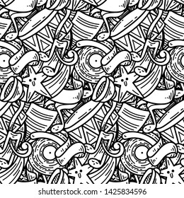 Cartoon cute music doodles. Detailed, with lots of objects background. Endless funny vector illustration