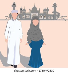 Cartoon cute Muslim man wearing Thobe and Tagiya Taqiyah and woman are wearing Muslim dress has hijab on her hair with mosque  behind in light orange background, flat vector isolate design concept.