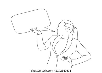 Cartoon Of Cute Muslim Woman Screaming In Blank Speech Bubble Isolated On White Background. Oneline Art Drawing Style
