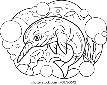 cartoon cute narwhal floating at depth