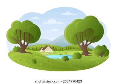 Cartoon süße Naturszene mit Blumen auf grünen Bäumen und Gras, blauer Himmel und Wasser des Teiches, malerische Dorfstraße zu Landhaus und Berg am Horizont. Sommerseelandschaft, Vektorgrafik