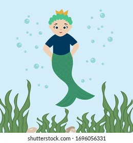 Cartoon cute neptune the god of the sea. Vector illustration in a flat style. 