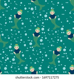 Cartoon cute neptune the god of the sea. Vector illustration in a flat style. Seamless pattern.