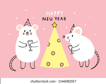 Cartoon cute new year 2020 mouses celebration vector.