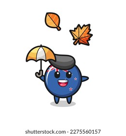 cartoon of the cute new zealand flag badge holding an umbrella in autumn , cute style design for t shirt, sticker, logo element