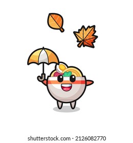 cartoon of the cute noodle bowl holding an umbrella in autumn , cute style design for t shirt, sticker, logo element