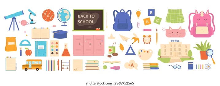 Caricatura lindo cuaderno y lápiz para niños, libro, mochila unicornio para clases aisladas de blanco. Concepto de educación. Material escolar, construcción y papelería para la ilustración vectorial del álbum de otoño