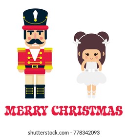 cartoon cute nutcracker and ballerina with text