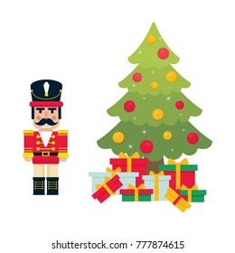 cartoon cute nutcracker with fir tree