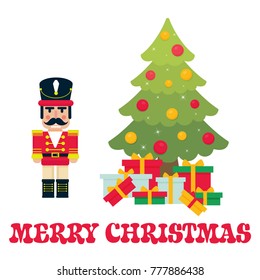 cartoon cute nutcracker with fir tree and text