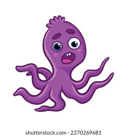 Cartoon cute octopus. Purple octopus with bright emotions, joy, smile, tears, love and hearts, fear. Underwater world, marine flora and fauna. Vector illustration of octopuses.