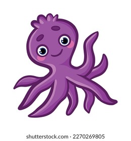 Cartoon cute octopus. Purple octopus with bright emotions, joy, smile, tears, love and hearts, fear. Underwater world, marine flora and fauna. Vector illustration of octopuses.