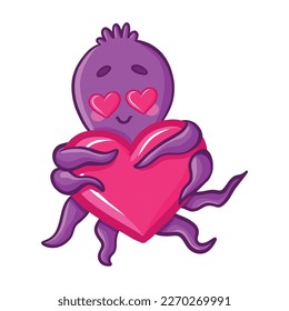 Cartoon cute octopus. Purple octopus with bright emotions, joy, smile, tears, love and hearts, fear. Underwater world, marine flora and fauna. Vector illustration of octopuses.