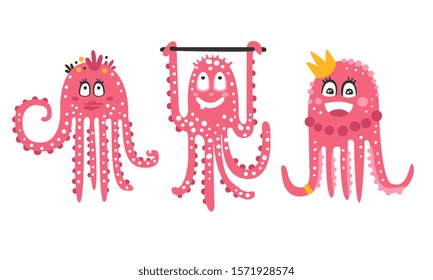 Cartoon cute octopuses. Set of vector illustrations.