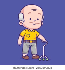 Cartoon cute old man walking with stick vector illustration