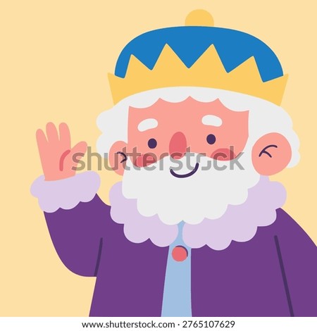 cartoon cute old wise king say hi character flat color vector illustration template design