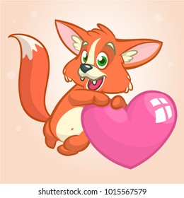 Cartoon cute orange fox in love holding a heart.Vector illustration for St Valentines Day. Isolated