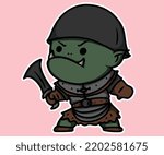 Cartoon Cute Orc Fantasy Warrior Standing with Medieval Weapon Sword and Armor