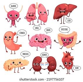 Cartoon cute organs characters. Happy healthy human organs, funny kidney, lungs and brain, stomach with faces, speech bubbles with text, anatomy collection tidy vector isolated set