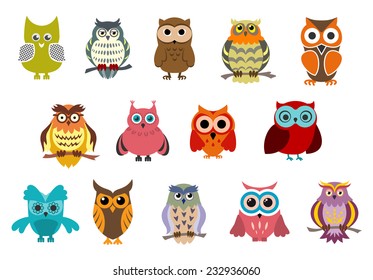 Cartoon cute owl birds characters isolated on white background