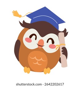 Cartoon of a cute owl character wearing a graduation cap and holding a diploma scroll vector illustration. Drawing concept for knowledge, wisdom and achievement