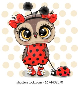 Cartoon Cute Owl girl in a ladybug costume and ladybug